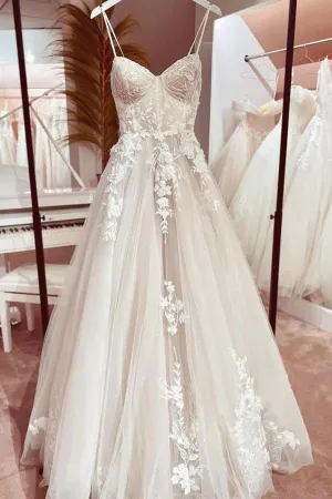 Roycebridal Tulle A-line Sweetheart Spaghetti Straps Wedding Dress With Appliques, MW948