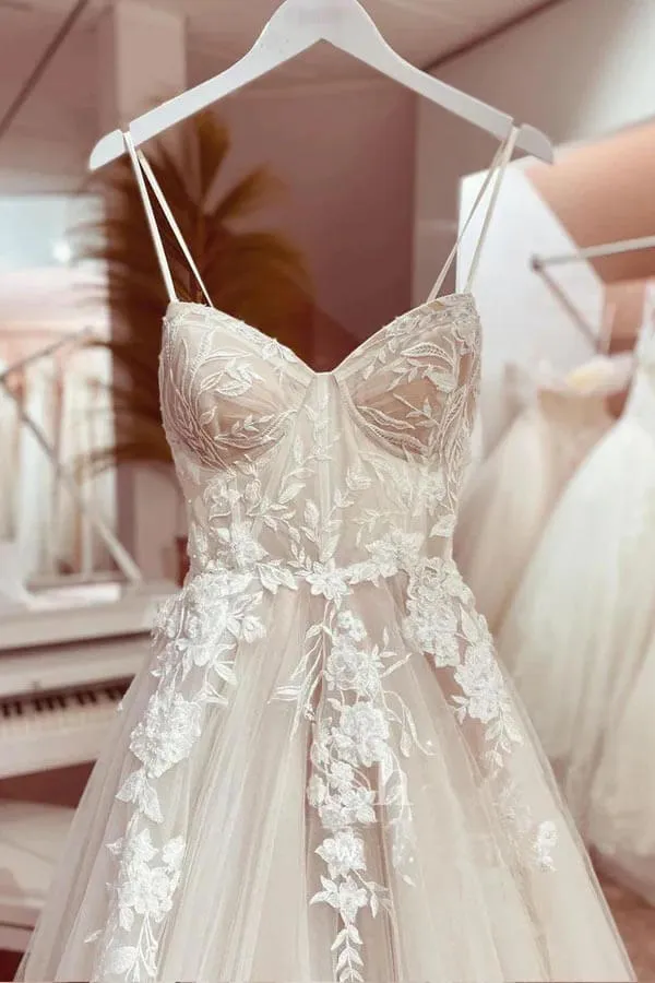 Roycebridal Tulle A-line Sweetheart Spaghetti Straps Wedding Dress With Appliques, MW948