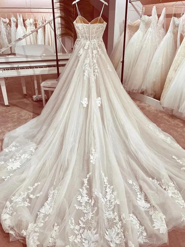 Roycebridal Tulle A-line Sweetheart Spaghetti Straps Wedding Dress With Appliques, MW948