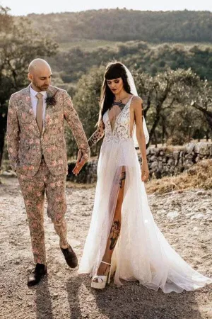 Roycebridal Tulle A-line V-Neck See Through Thigh Slit Beach Wedding Dresses, MW982