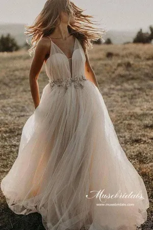 Roycebridal Tulle Beaded A-line Spaghetti Straps V-neck Beach Wedding Dresses, MW984