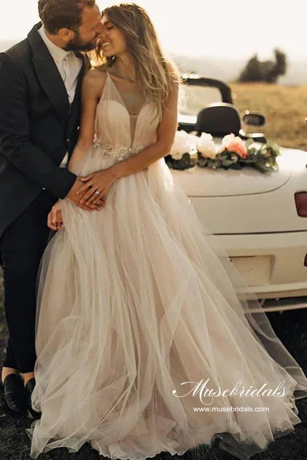 Roycebridal Tulle Beaded A-line Spaghetti Straps V-neck Beach Wedding Dresses, MW984