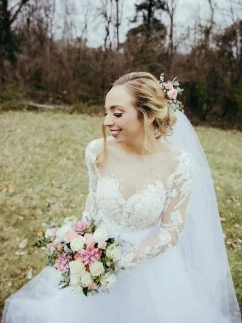 Roycebridal Tulle Long Sleeve Beaded Floral Lace See Through Boho Wedding Dresses,MW489