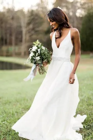 Roycebridal White Chiffon A-line V-neck Beaded Wedding Dresses, Wedding Gowns, MW702