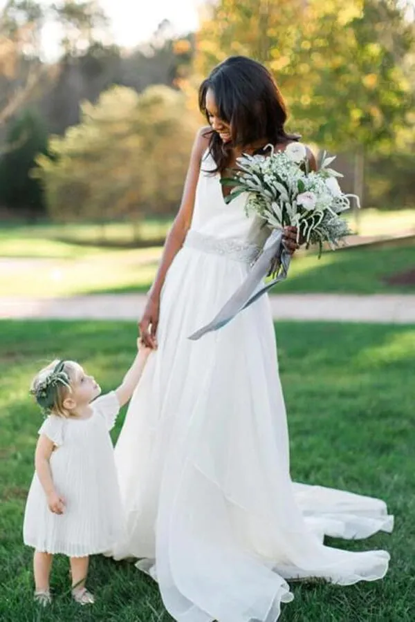Roycebridal White Chiffon A-line V-neck Beaded Wedding Dresses, Wedding Gowns, MW702