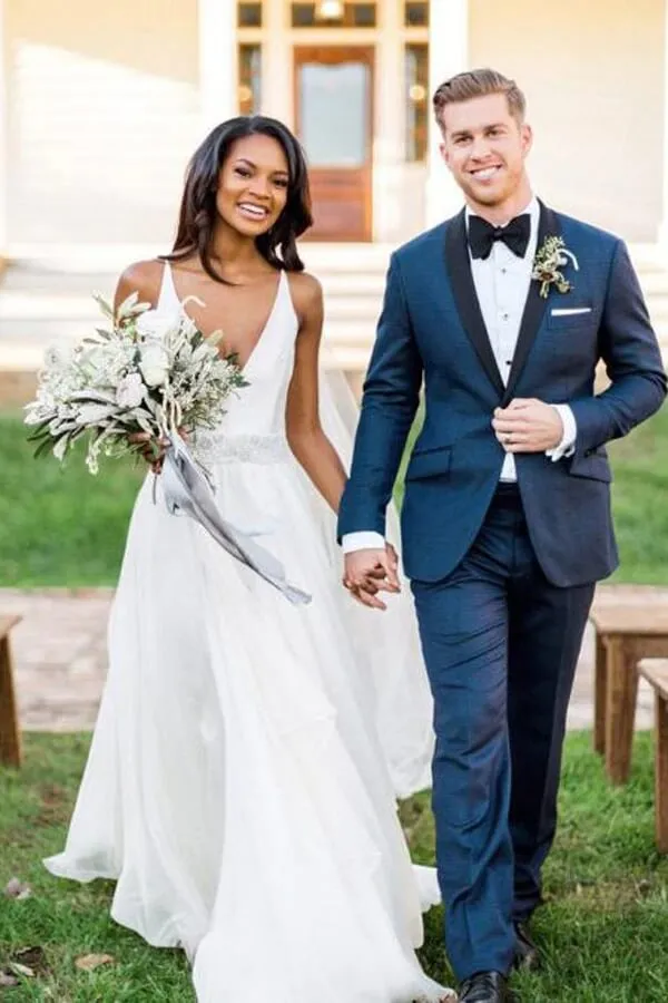 Roycebridal White Chiffon A-line V-neck Beaded Wedding Dresses, Wedding Gowns, MW702