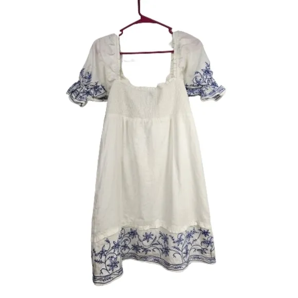 Show Me Your Mumu Kendry Blue and White Embroidered Boho Mini Dress Size Large
