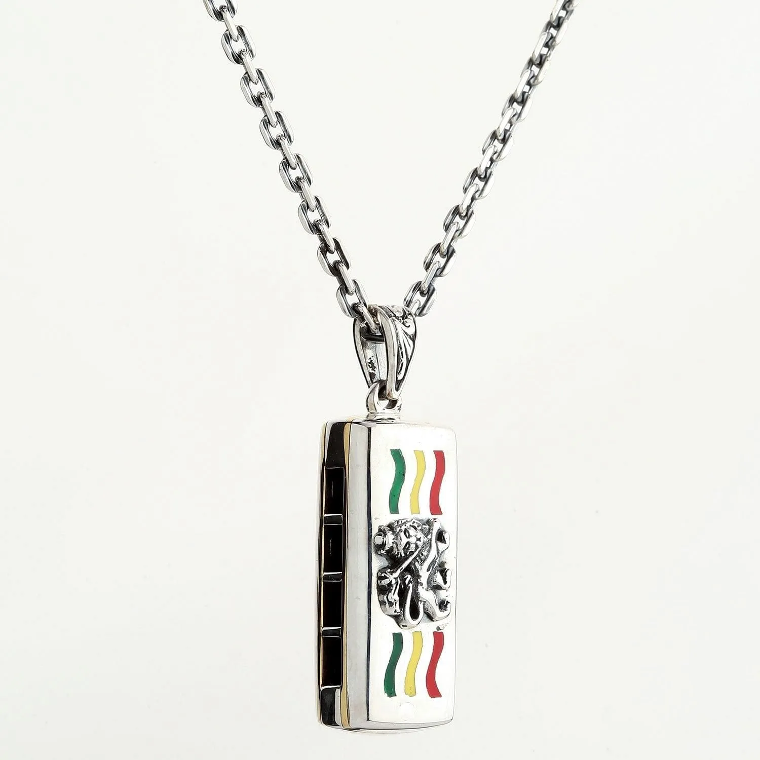 Silver Rasta Lion Harmonica Pendant Necklace