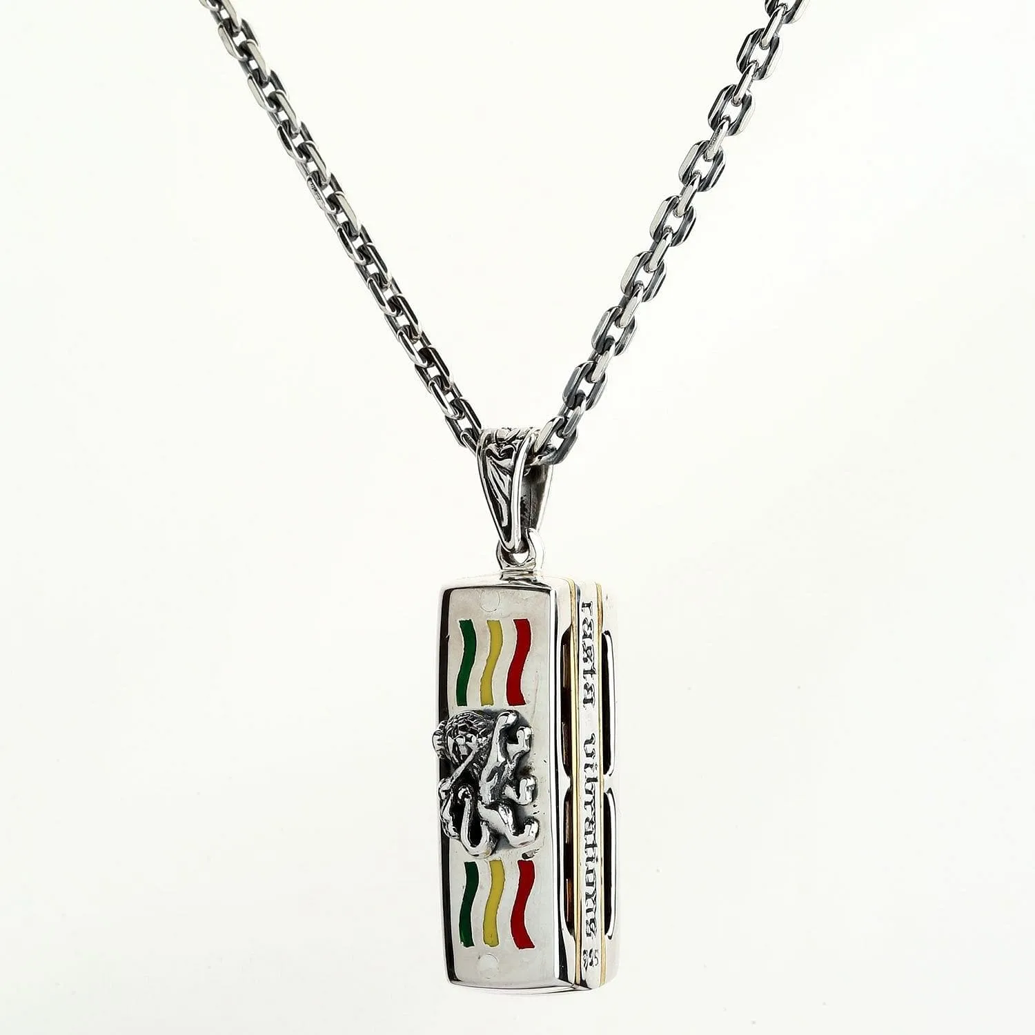 Silver Rasta Lion Harmonica Pendant Necklace
