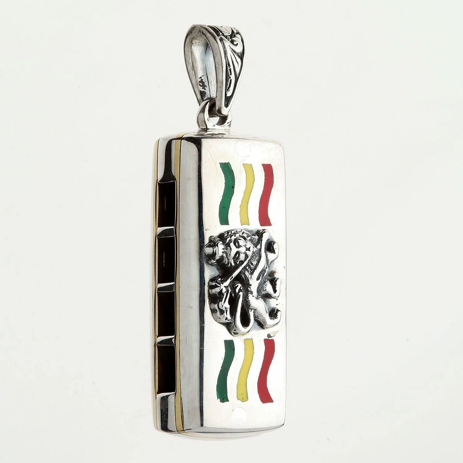 Silver Rasta Lion Harmonica Pendant Necklace