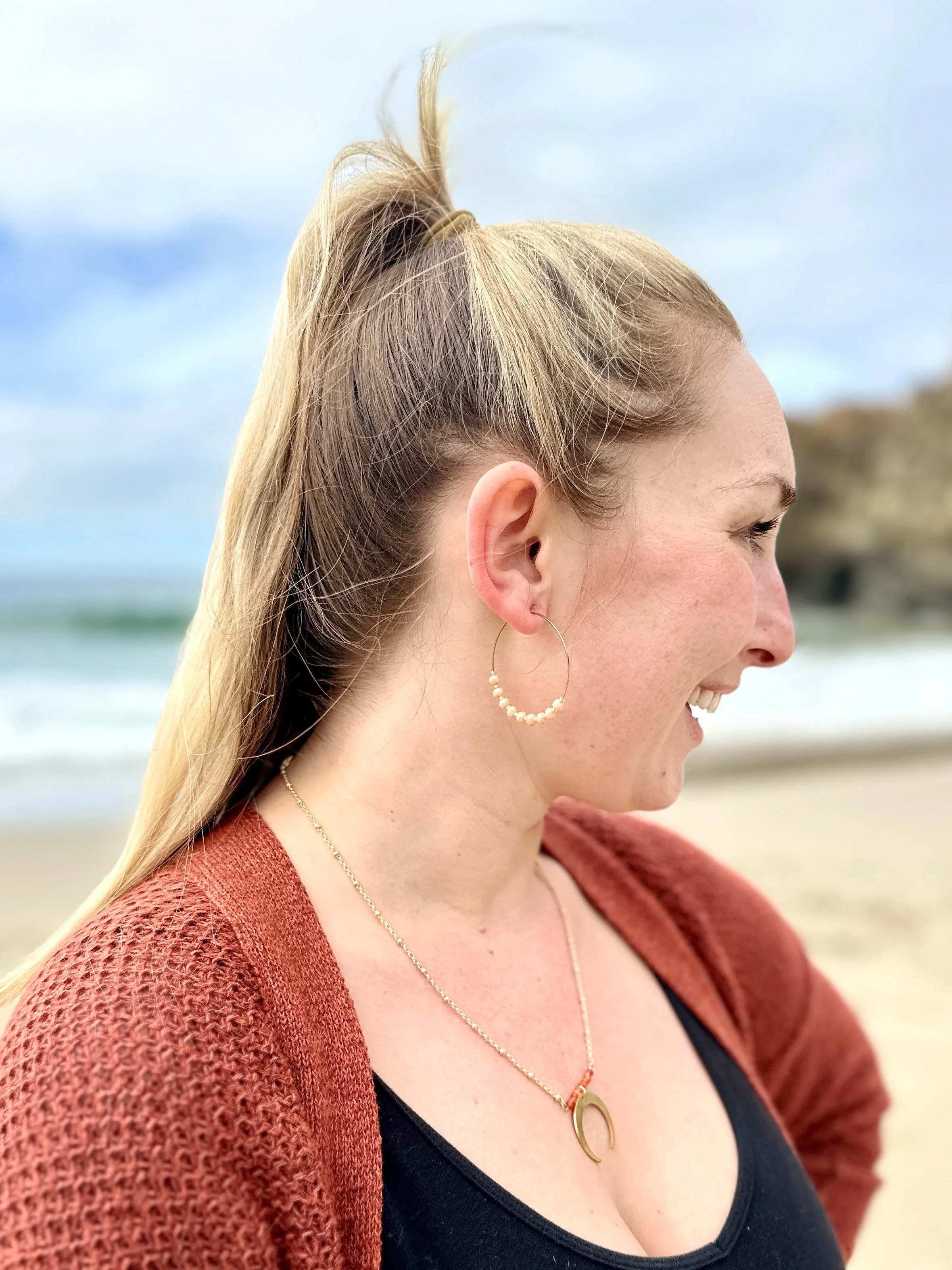 Simple Beaded Hoops in Gold and Iridescent Peach