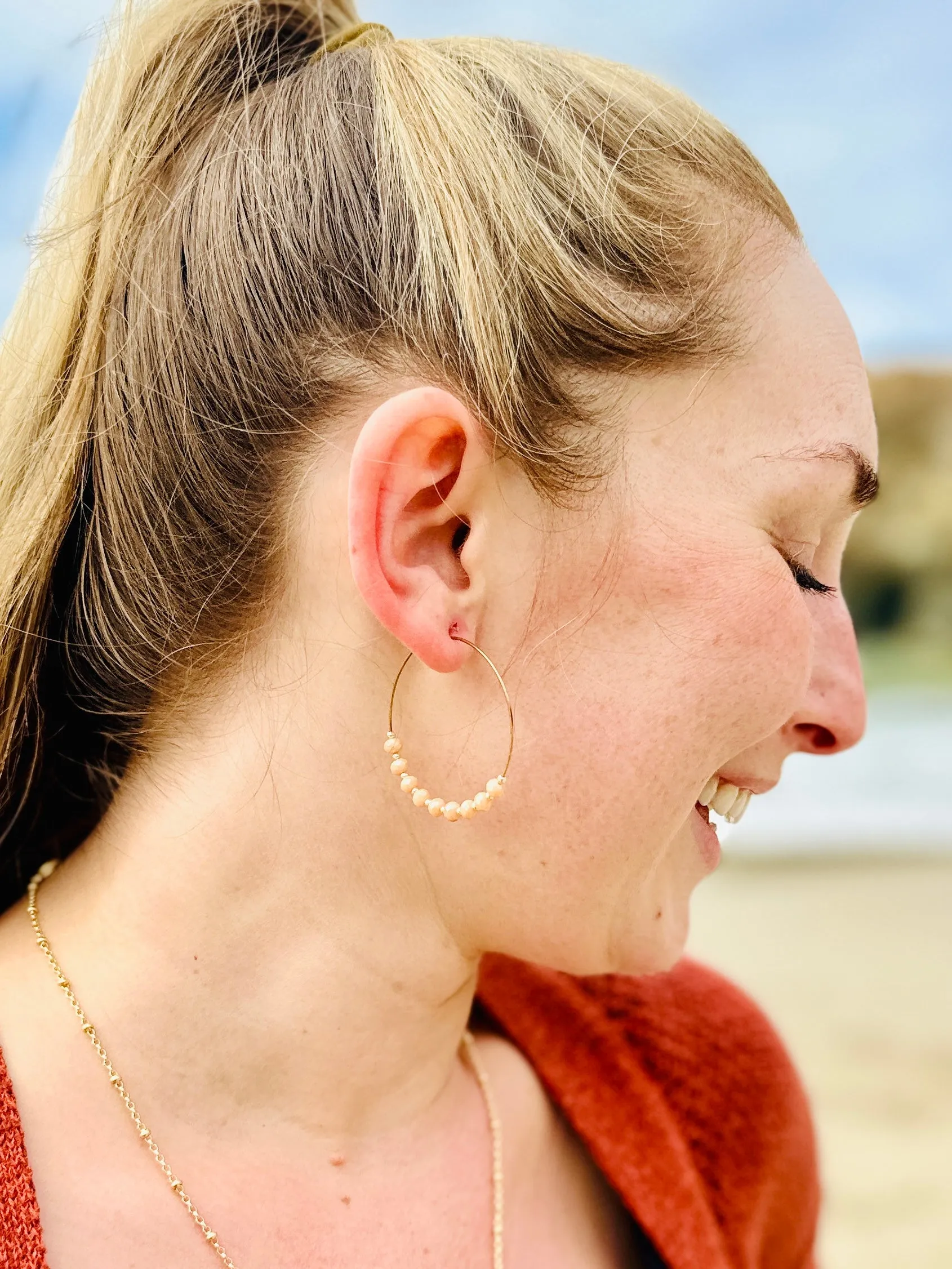 Simple Beaded Hoops in Gold and Iridescent Peach