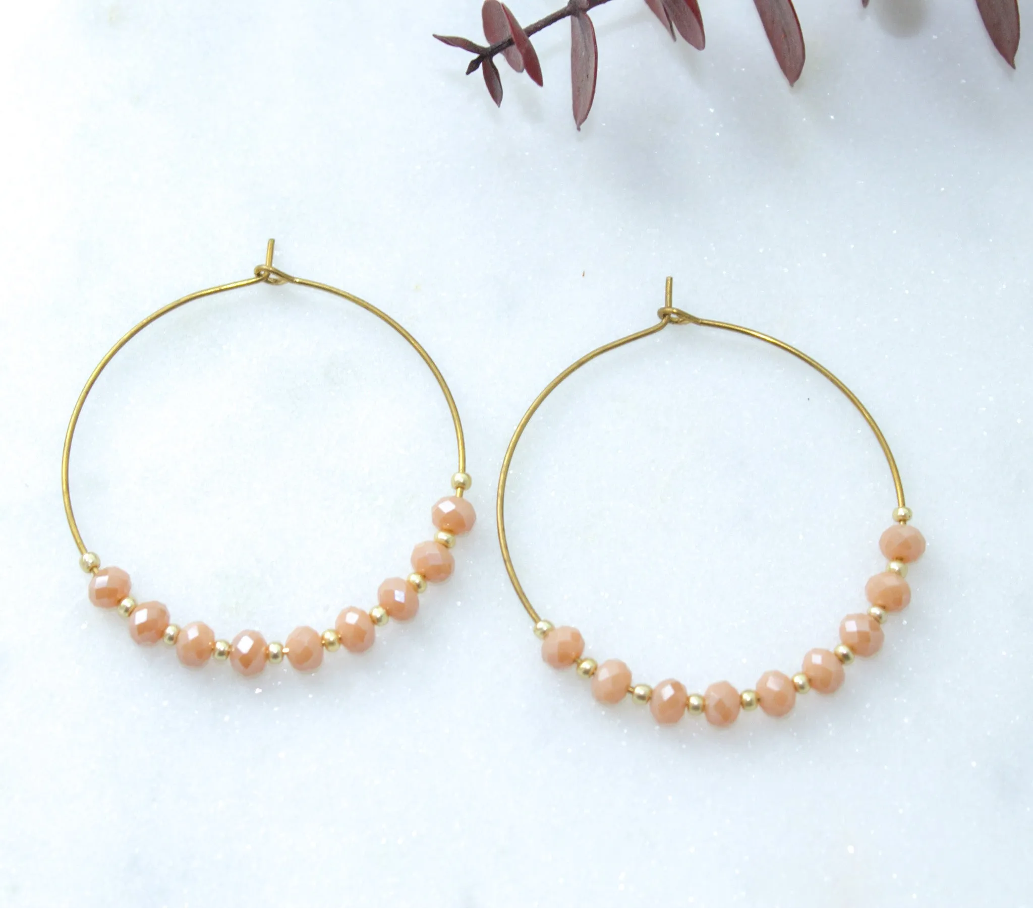 Simple Beaded Hoops in Gold and Iridescent Peach