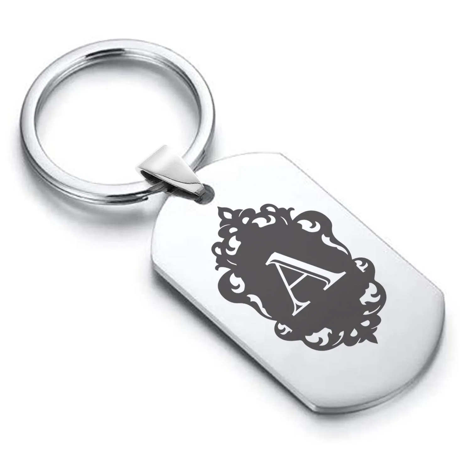 Stainless Steel Royal Crest Alphabet Letter A initial Dog Tag Keychain
