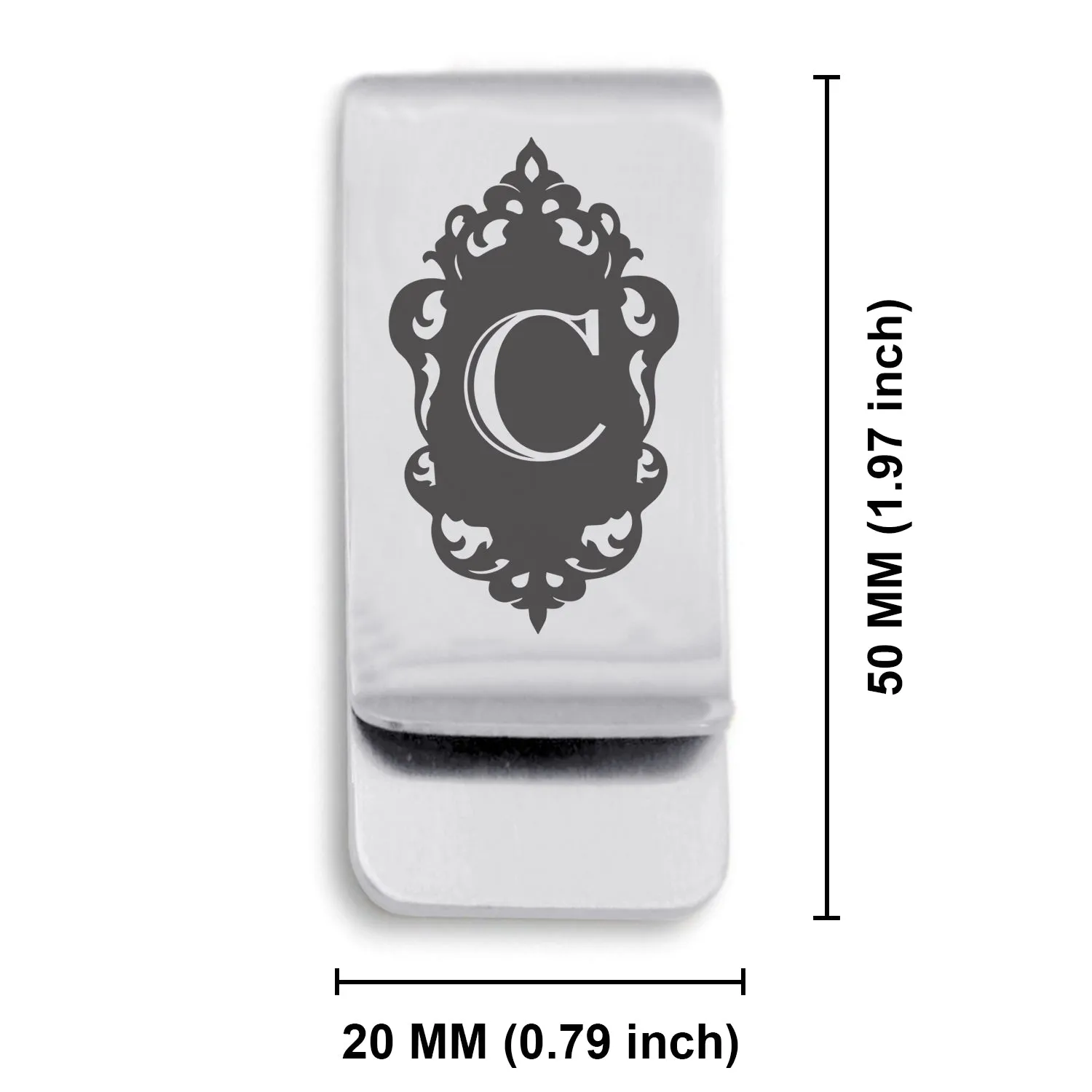 Stainless Steel Royal Crest Alphabet Letter C initial Classic Slim Money Clip