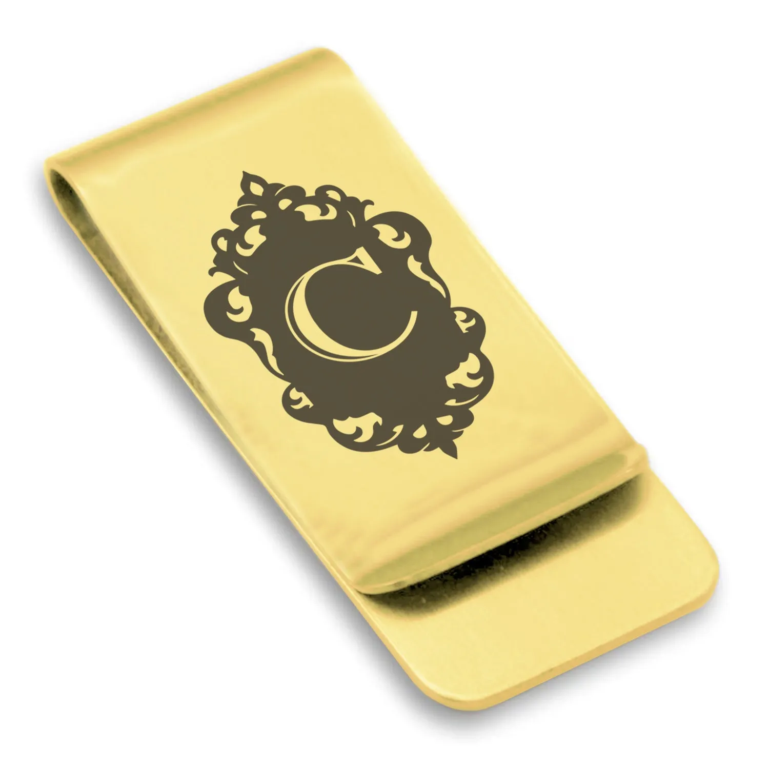 Stainless Steel Royal Crest Alphabet Letter C initial Classic Slim Money Clip