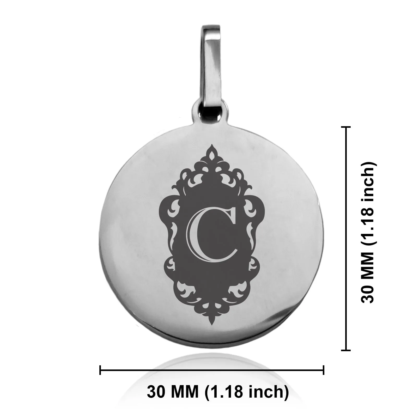 Stainless Steel Royal Crest Alphabet Letter C initial Round Medallion Pendant