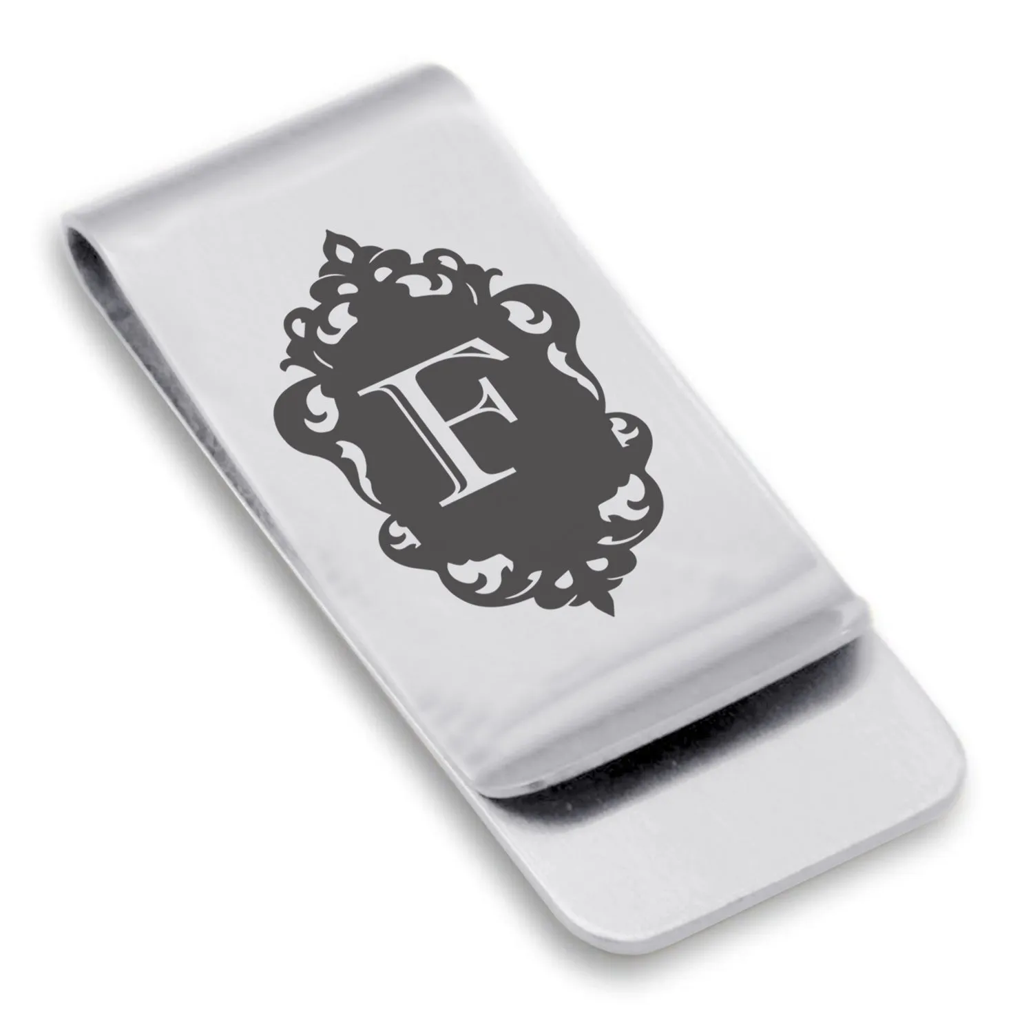 Stainless Steel Royal Crest Alphabet Letter F initial Classic Slim Money Clip