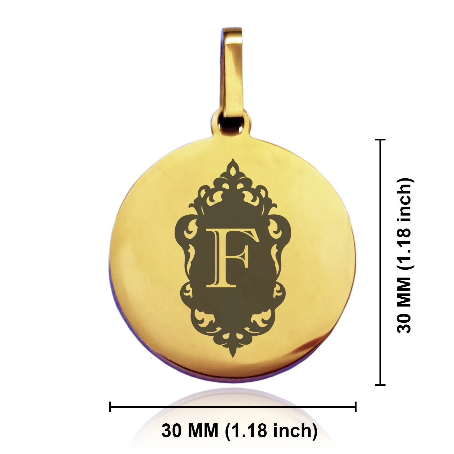 Stainless Steel Royal Crest Alphabet Letter F initial Round Medallion Pendant