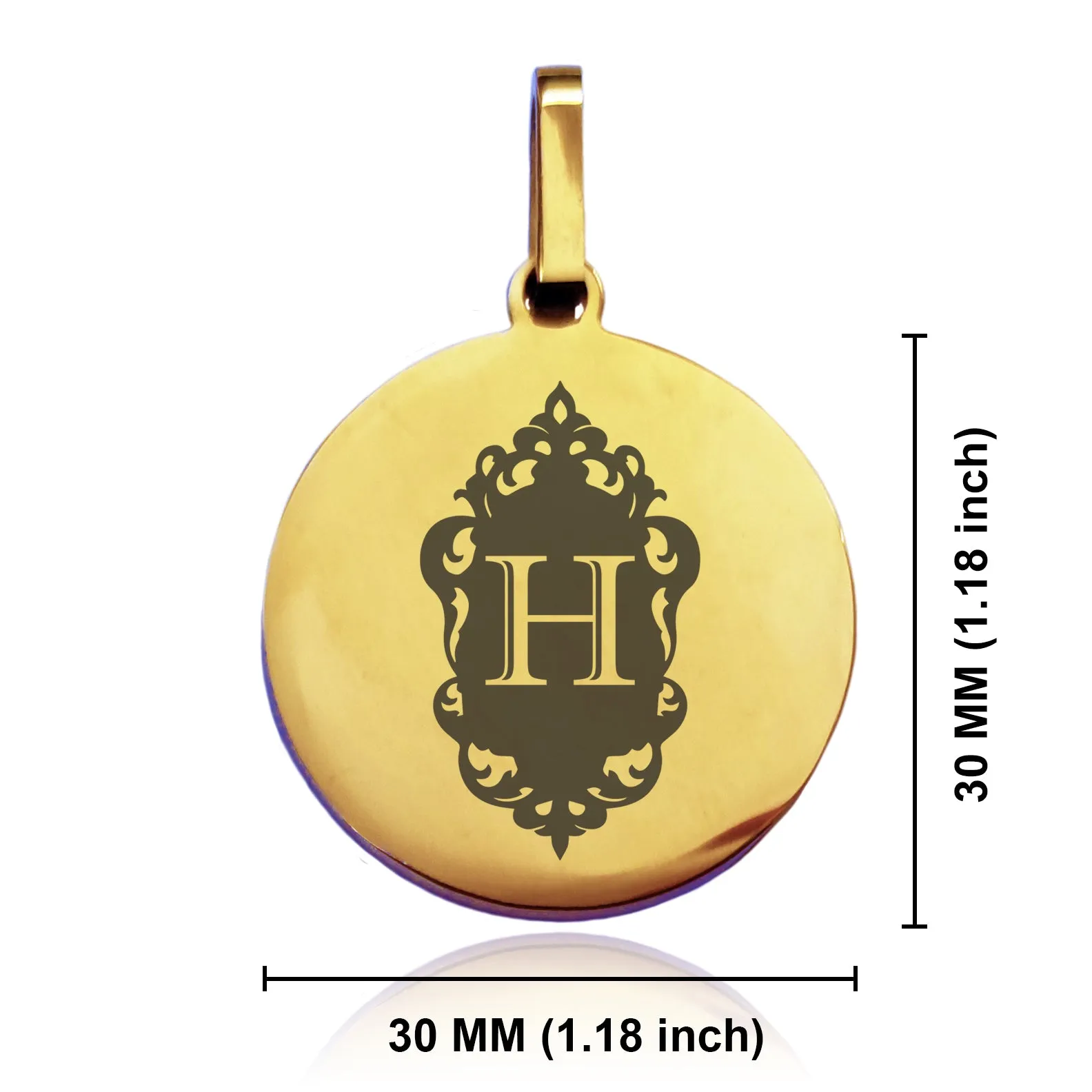 Stainless Steel Royal Crest Alphabet Letter H initial Round Medallion Pendant