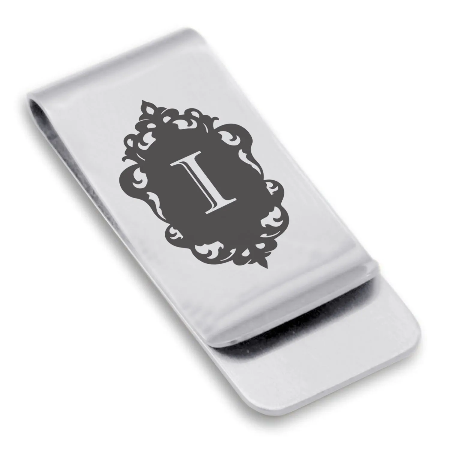 Stainless Steel Royal Crest Alphabet Letter I initial Classic Slim Money Clip