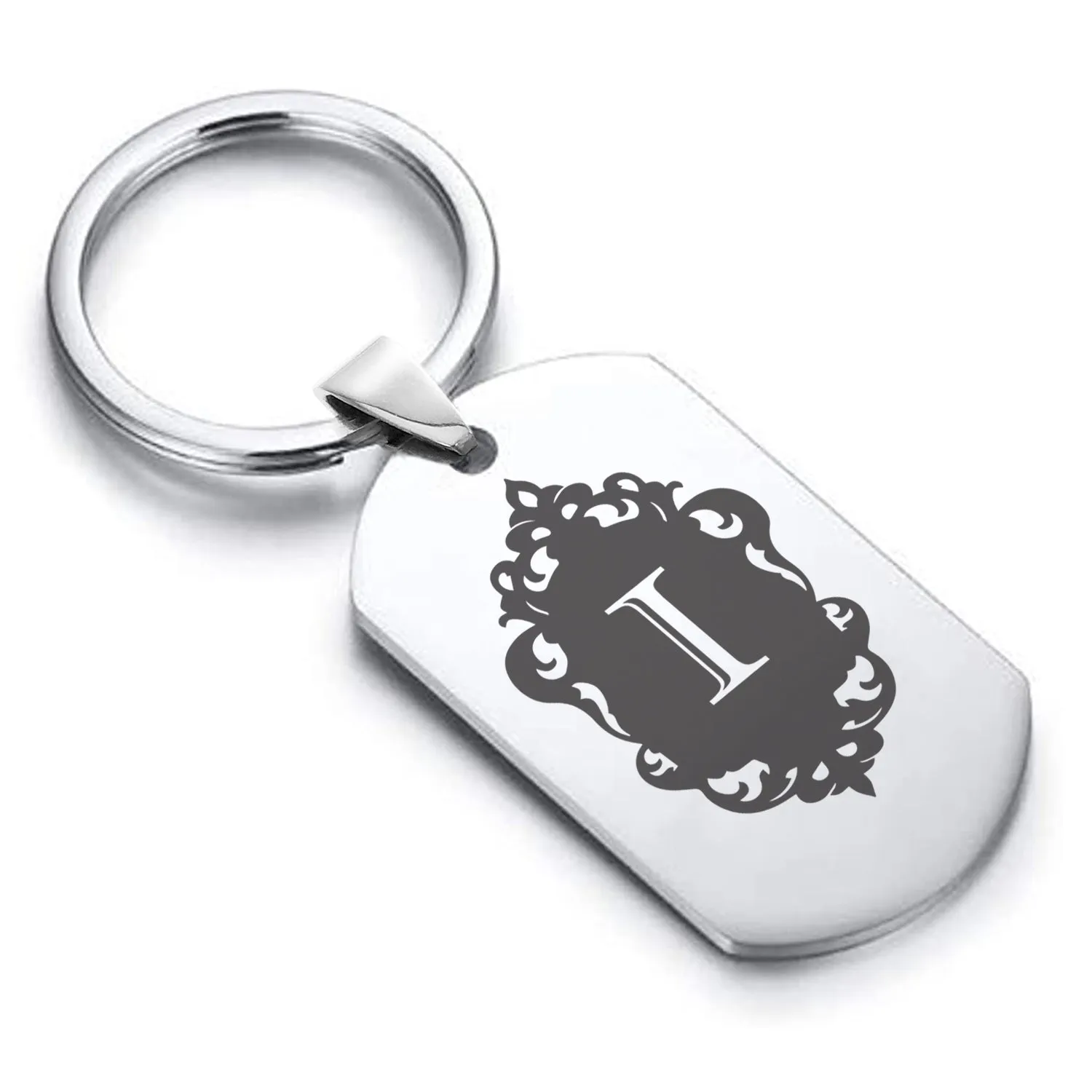 Stainless Steel Royal Crest Alphabet Letter I initial Dog Tag Keychain
