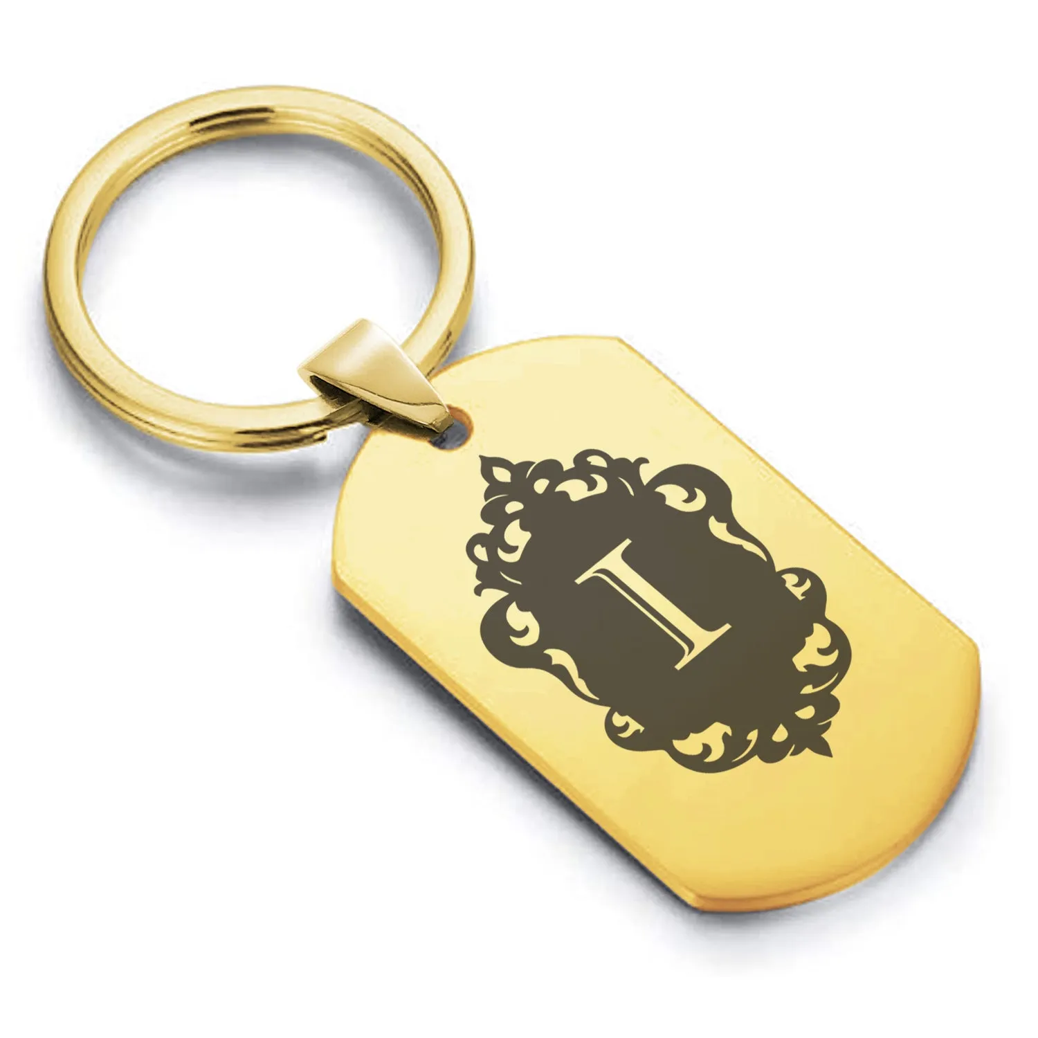 Stainless Steel Royal Crest Alphabet Letter I initial Dog Tag Keychain