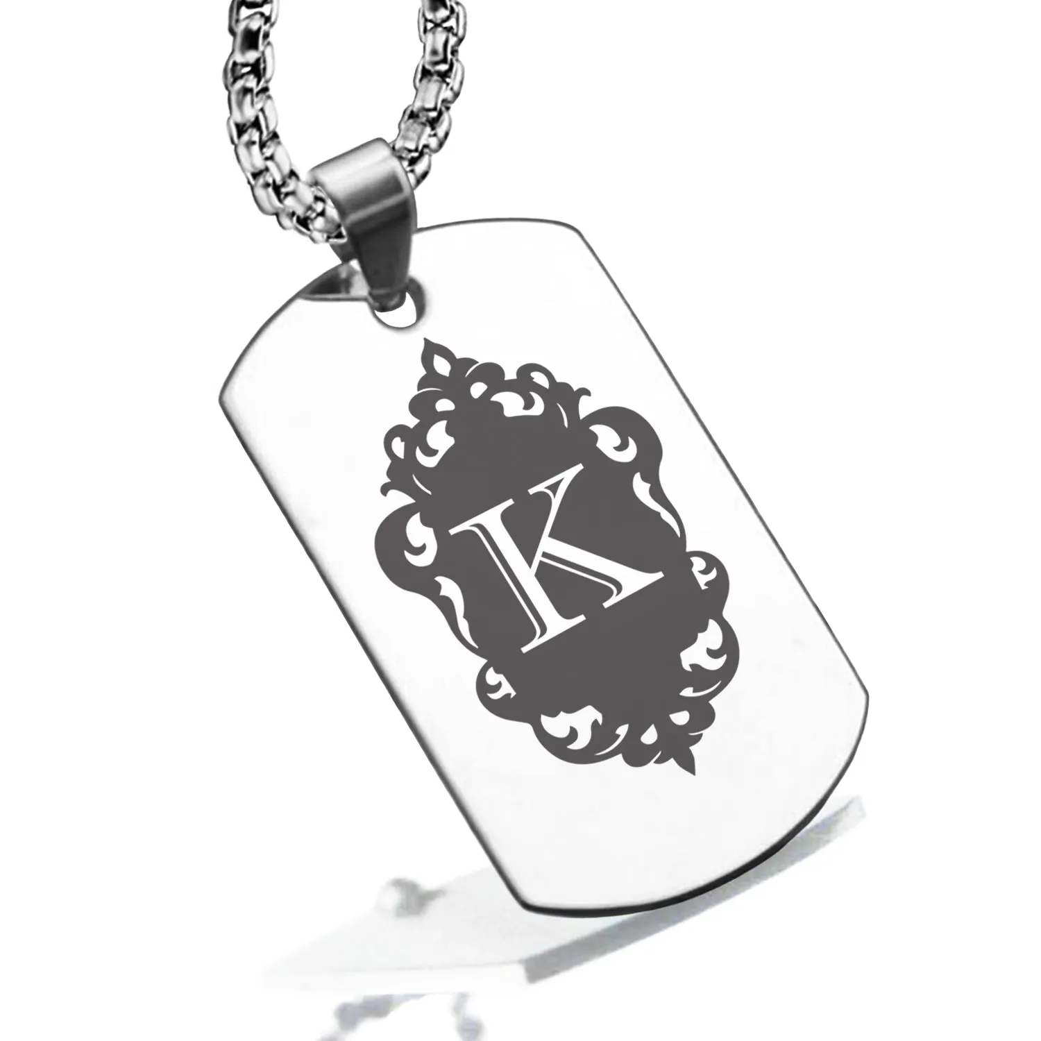 Stainless Steel Royal Crest Alphabet Letter K initial Dog Tag Pendant