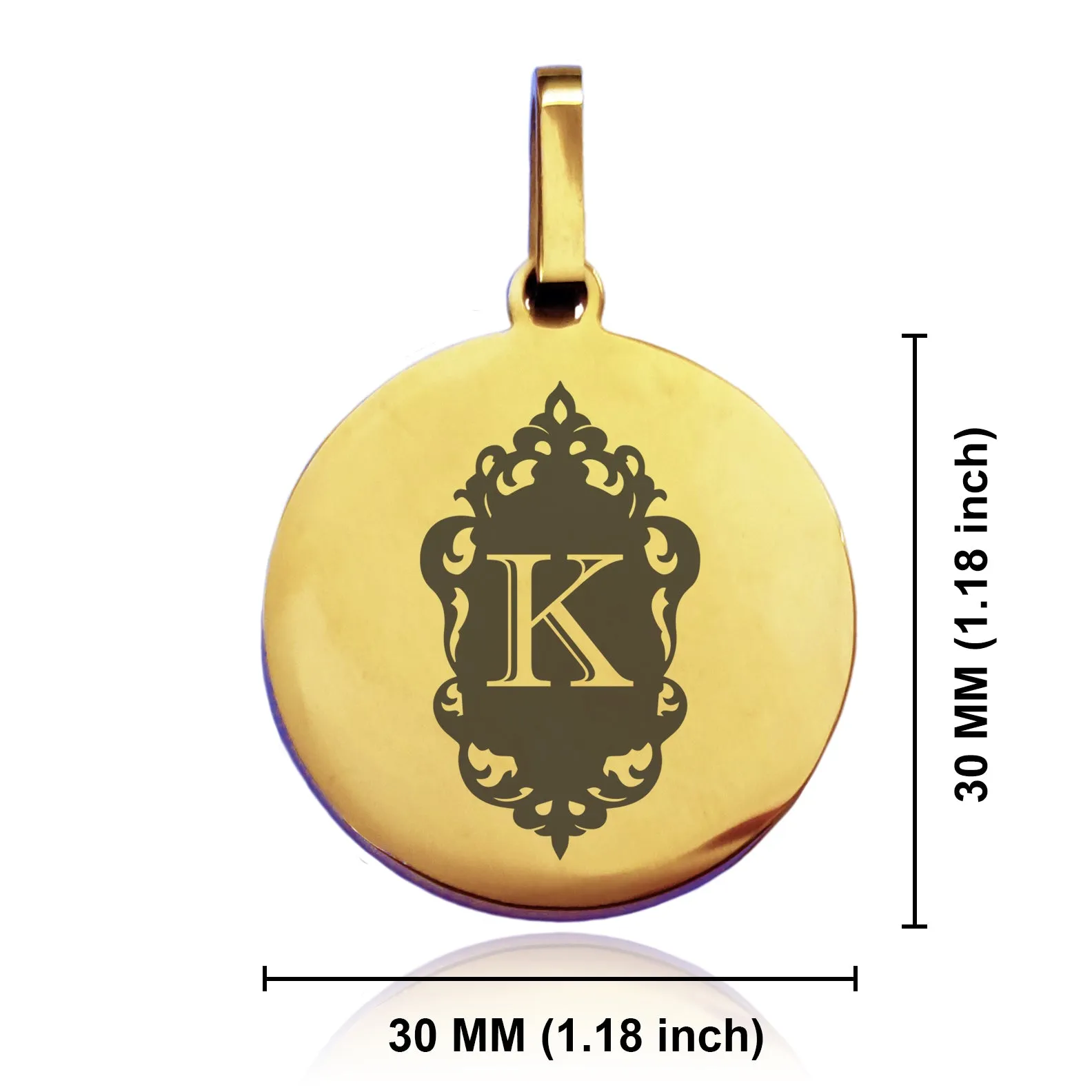 Stainless Steel Royal Crest Alphabet Letter K initial Round Medallion Pendant