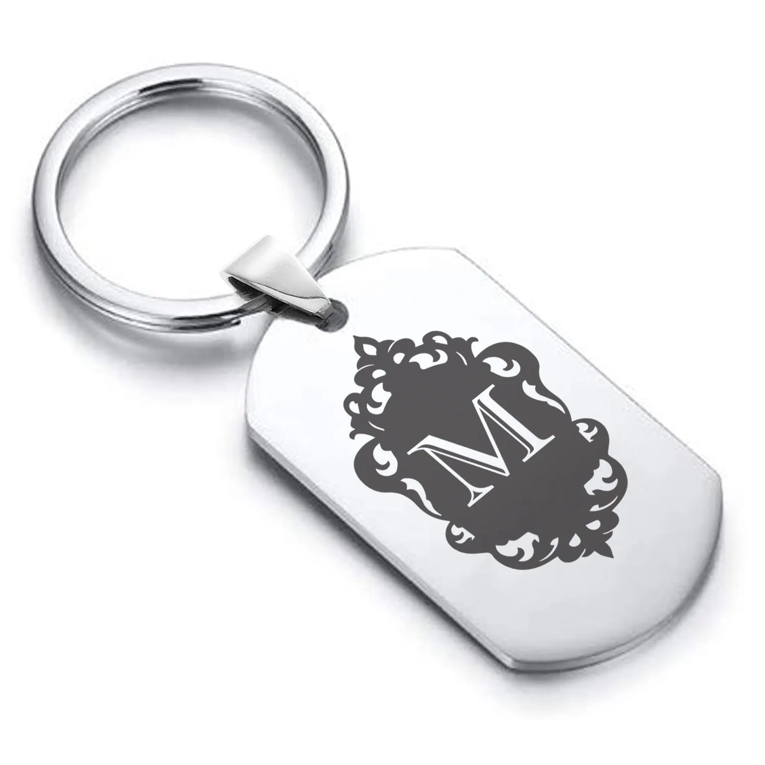 Stainless Steel Royal Crest Alphabet Letter M initial Dog Tag Keychain