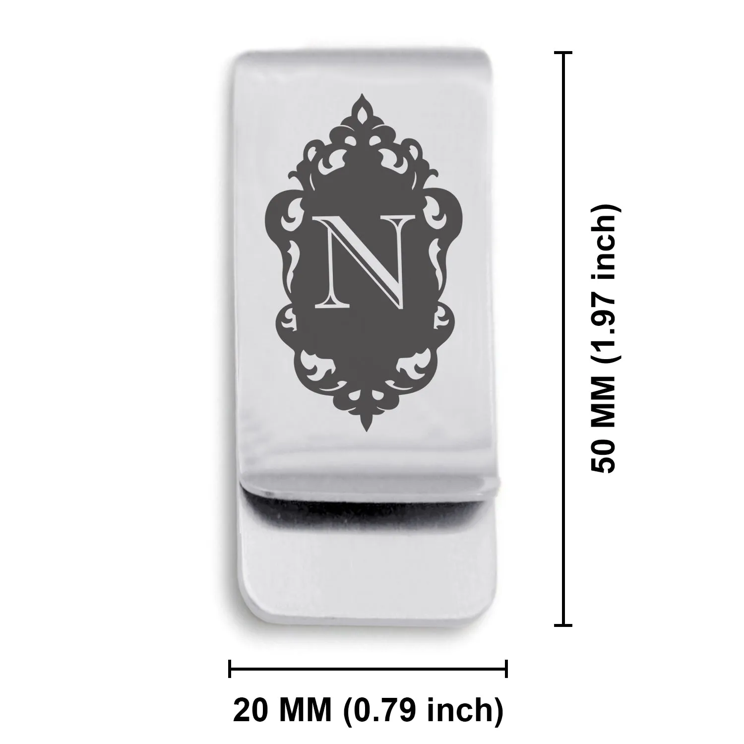 Stainless Steel Royal Crest Alphabet Letter N initial Classic Slim Money Clip