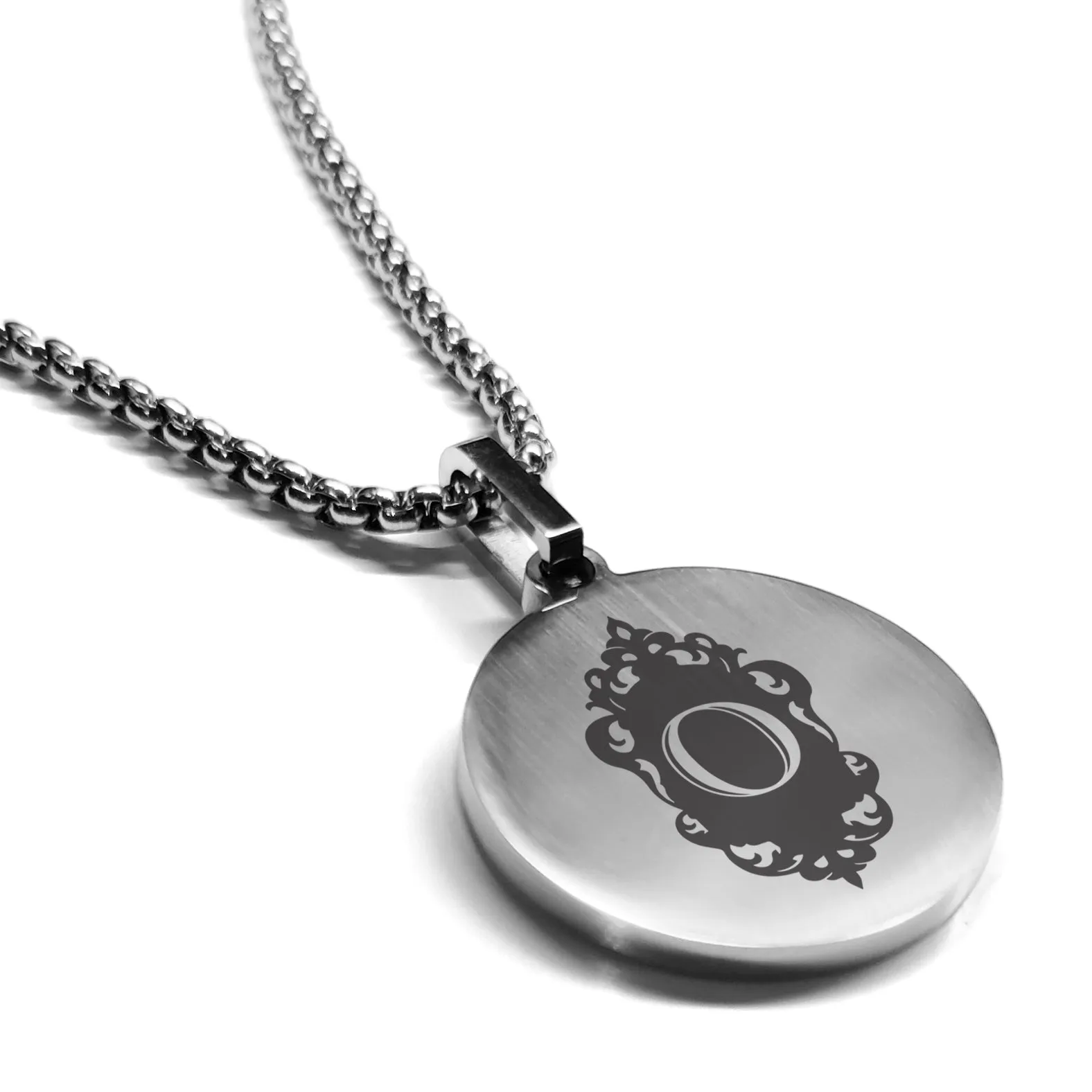 Stainless Steel Royal Crest Alphabet Letter O initial Round Medallion Pendant