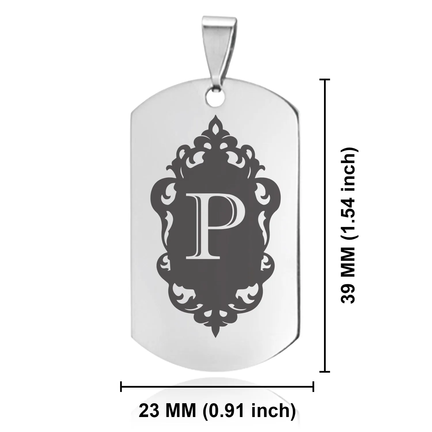 Stainless Steel Royal Crest Alphabet Letter P initial Dog Tag Pendant