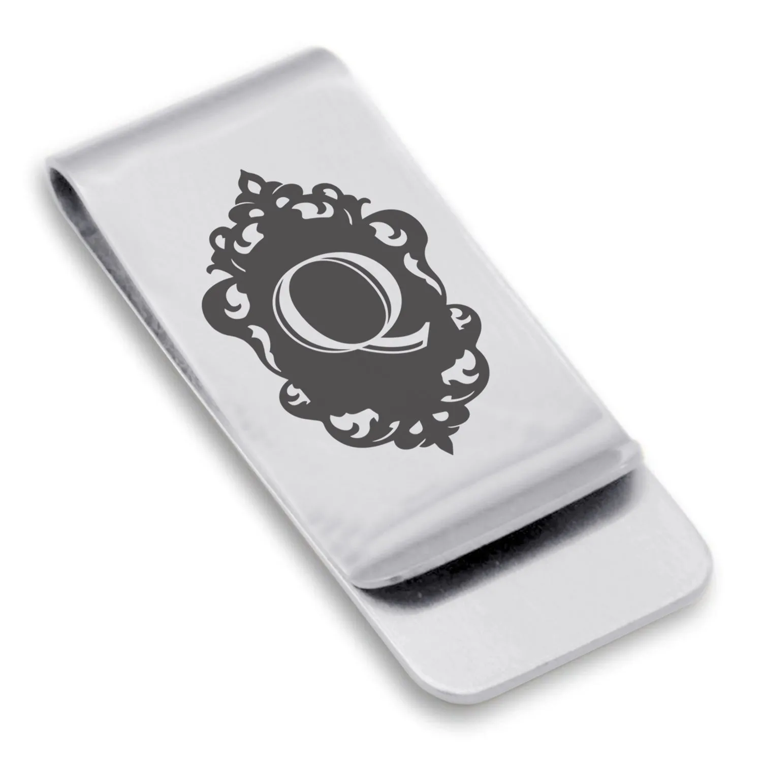Stainless Steel Royal Crest Alphabet Letter Q initial Classic Slim Money Clip