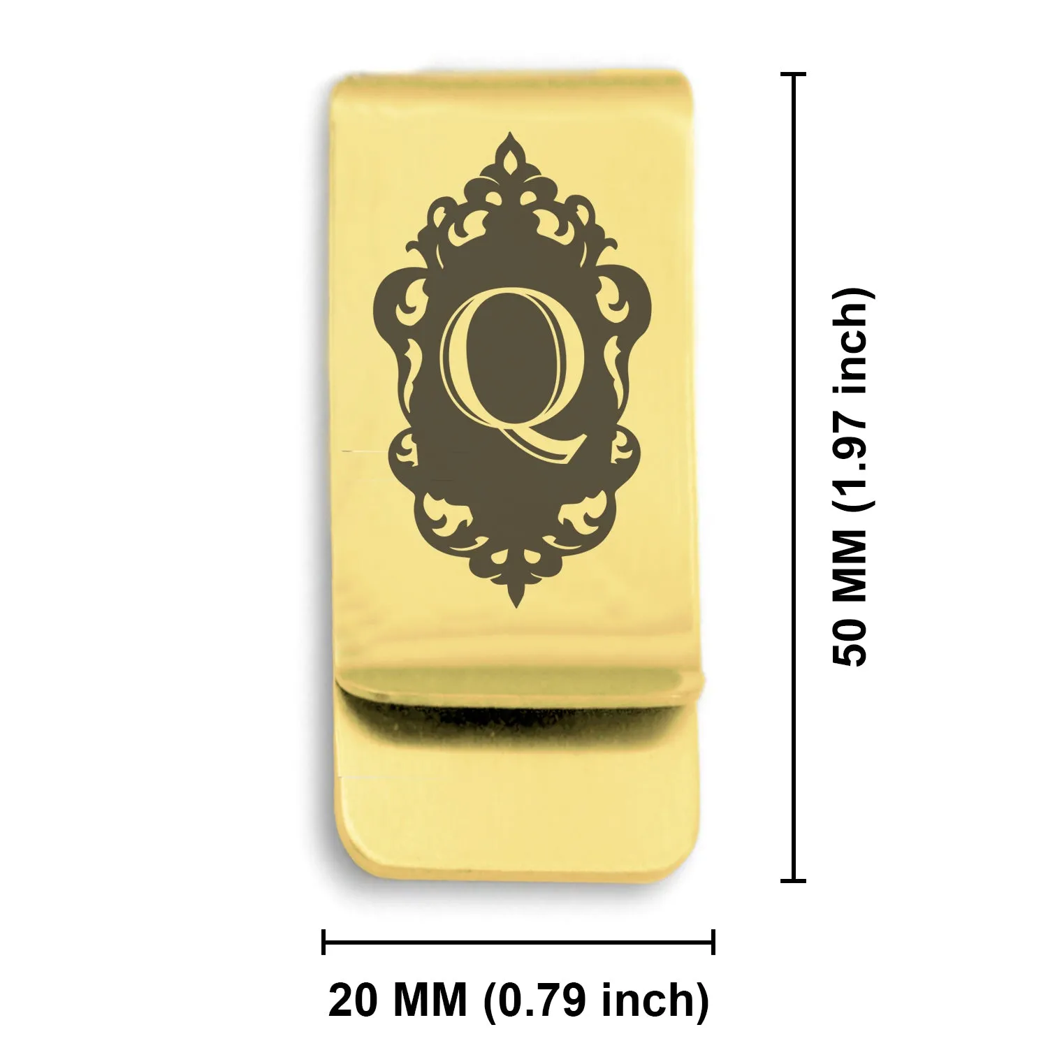Stainless Steel Royal Crest Alphabet Letter Q initial Classic Slim Money Clip