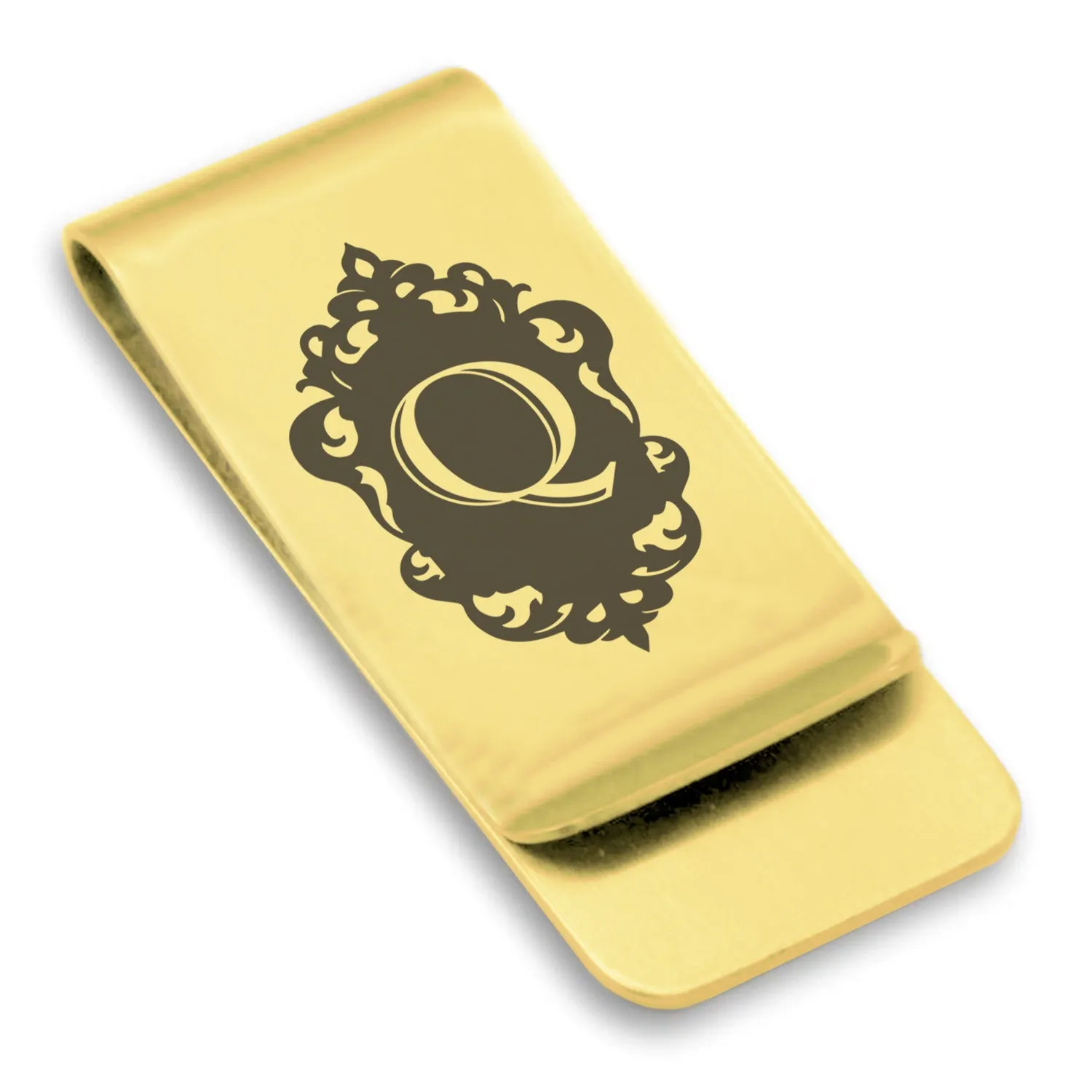 Stainless Steel Royal Crest Alphabet Letter Q initial Classic Slim Money Clip
