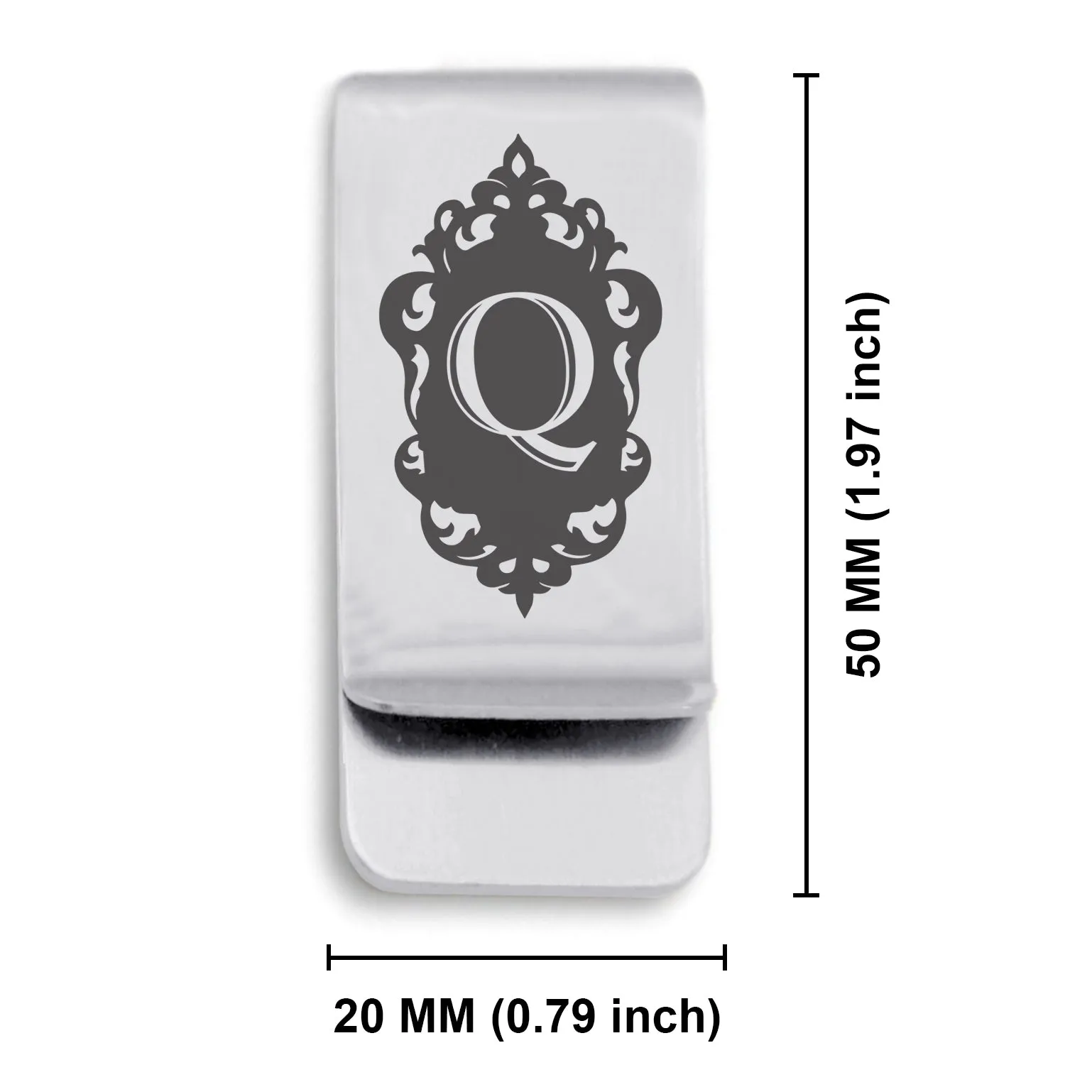 Stainless Steel Royal Crest Alphabet Letter Q initial Classic Slim Money Clip