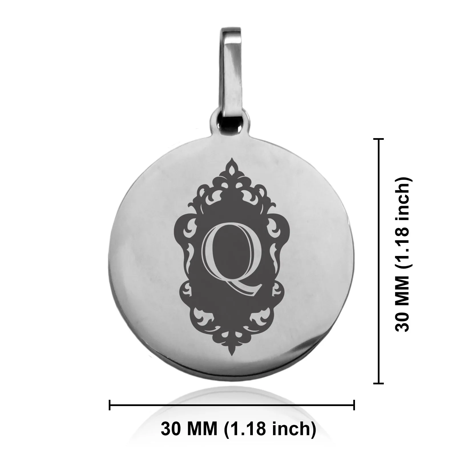 Stainless Steel Royal Crest Alphabet Letter Q initial Round Medallion Pendant