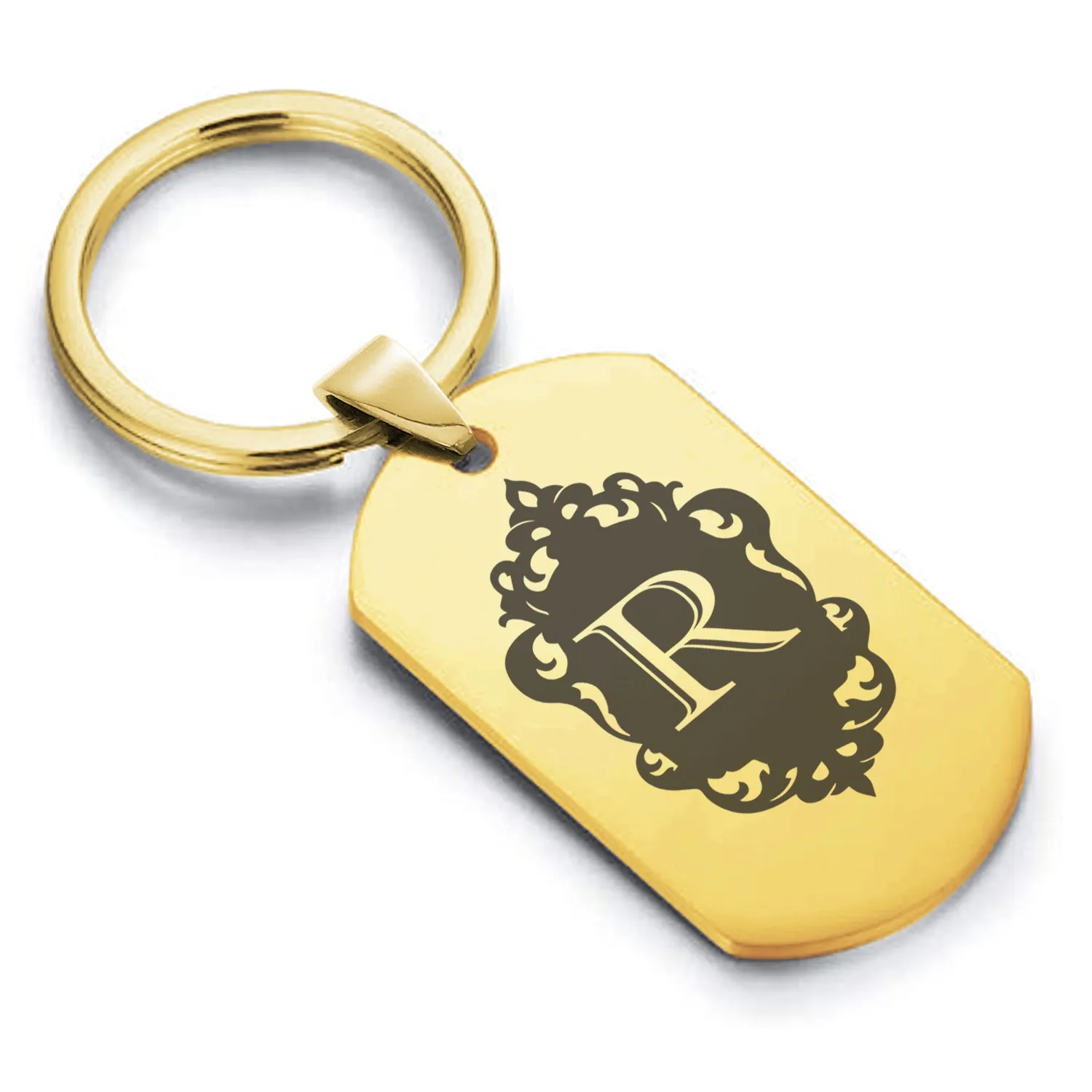 Stainless Steel Royal Crest Alphabet Letter R initial Dog Tag Keychain