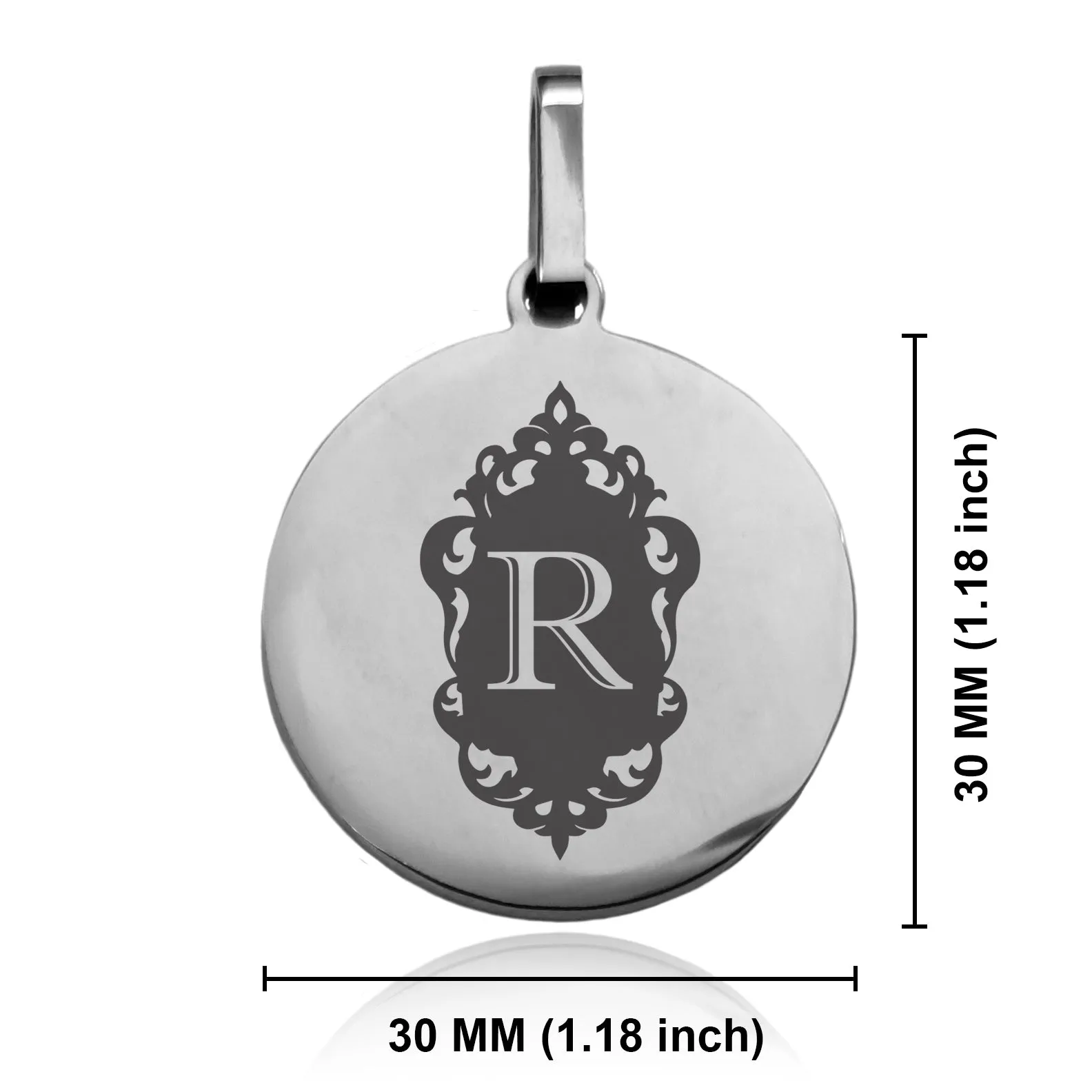 Stainless Steel Royal Crest Alphabet Letter R initial Round Medallion Keychain