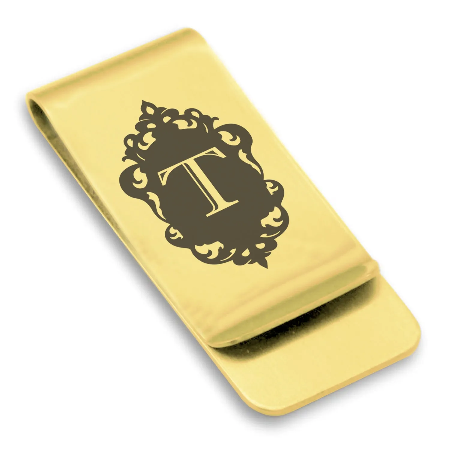 Stainless Steel Royal Crest Alphabet Letter T initial Classic Slim Money Clip