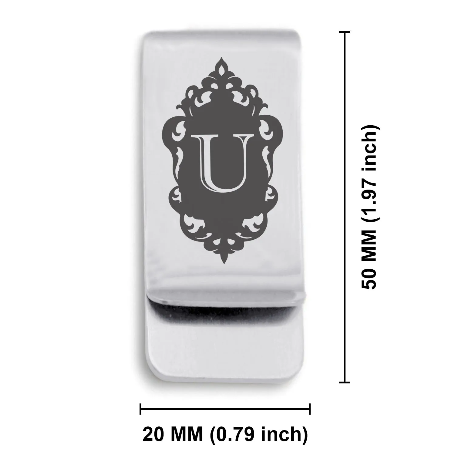 Stainless Steel Royal Crest Alphabet Letter U initial Classic Slim Money Clip