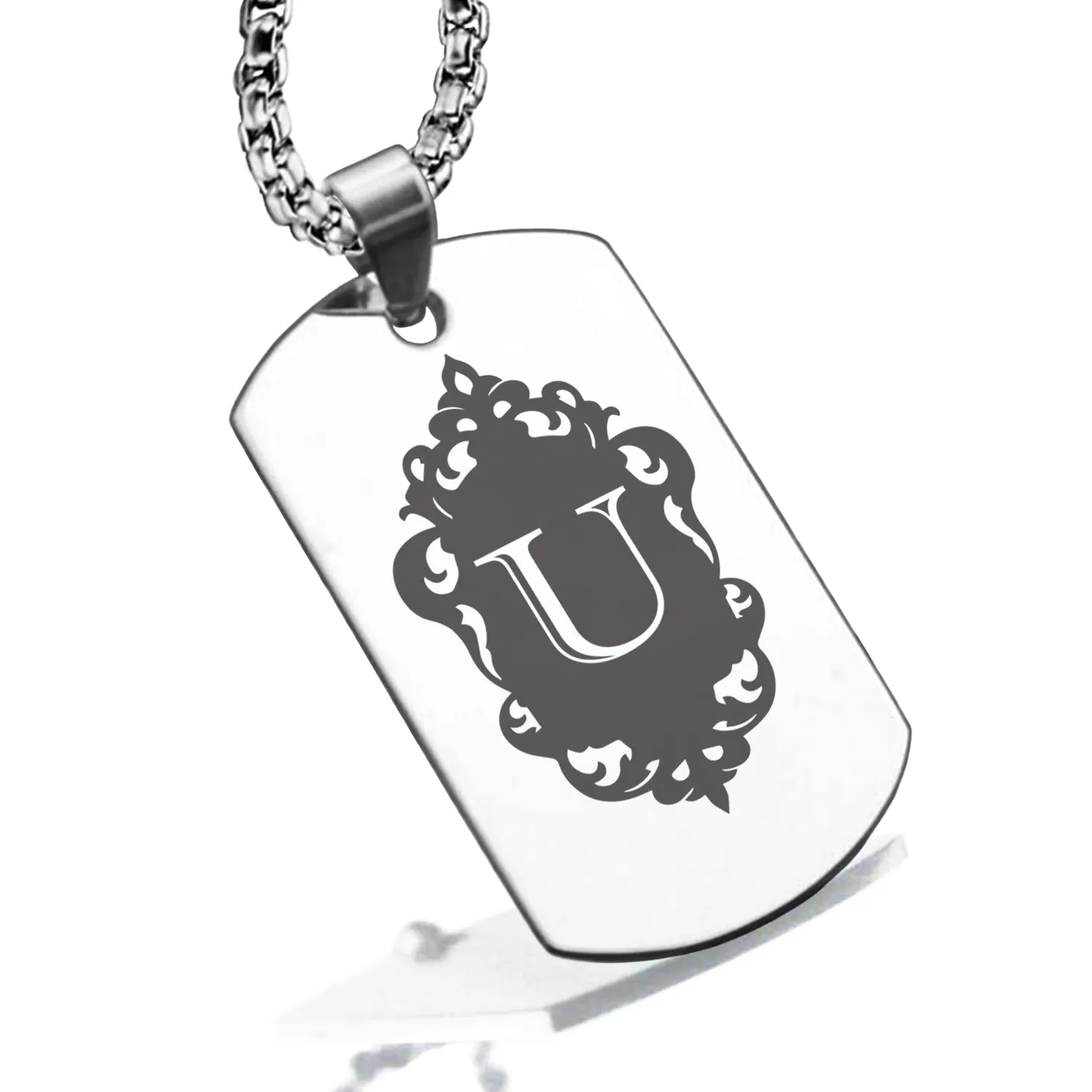 Stainless Steel Royal Crest Alphabet Letter U initial Dog Tag Pendant