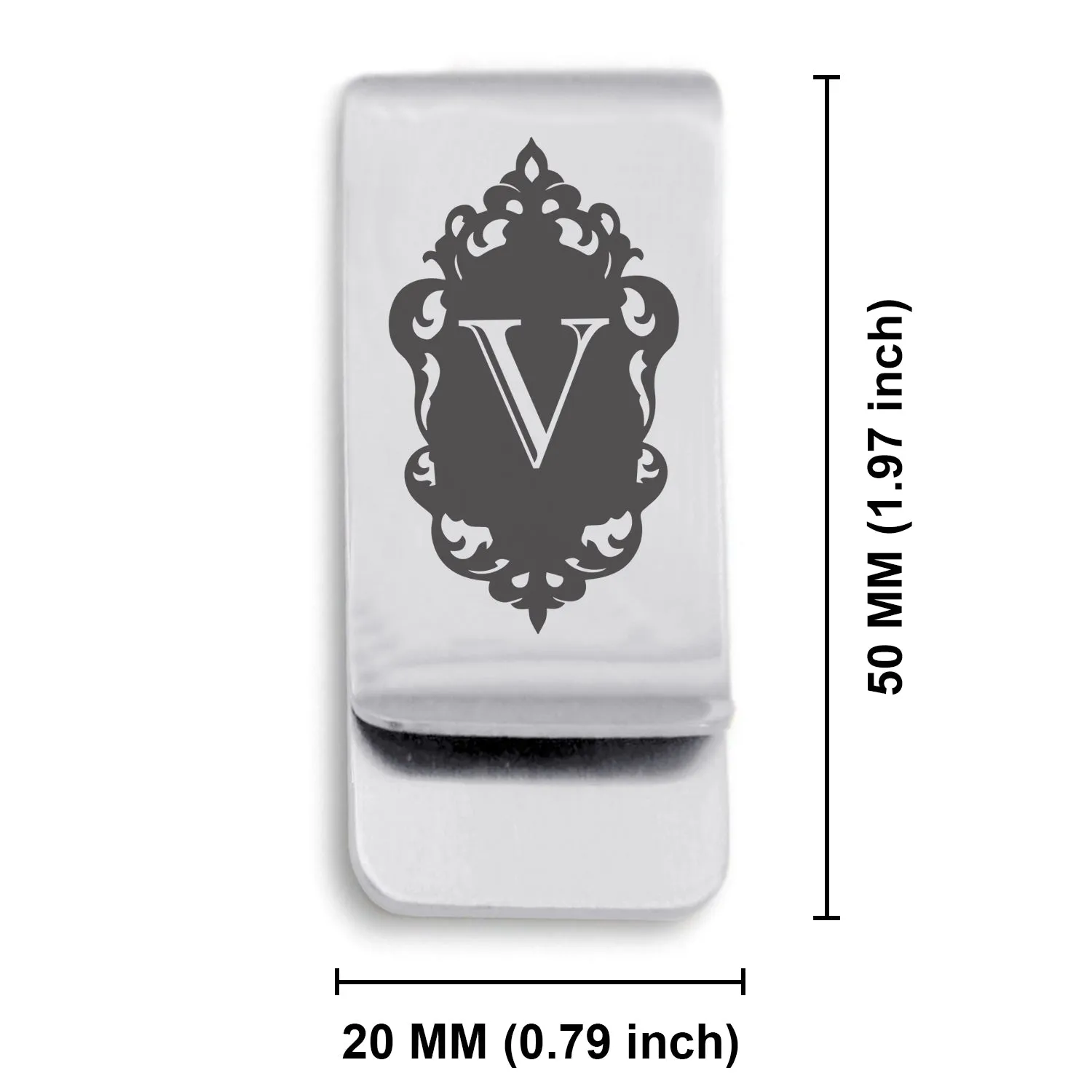 Stainless Steel Royal Crest Alphabet Letter V initial Classic Slim Money Clip