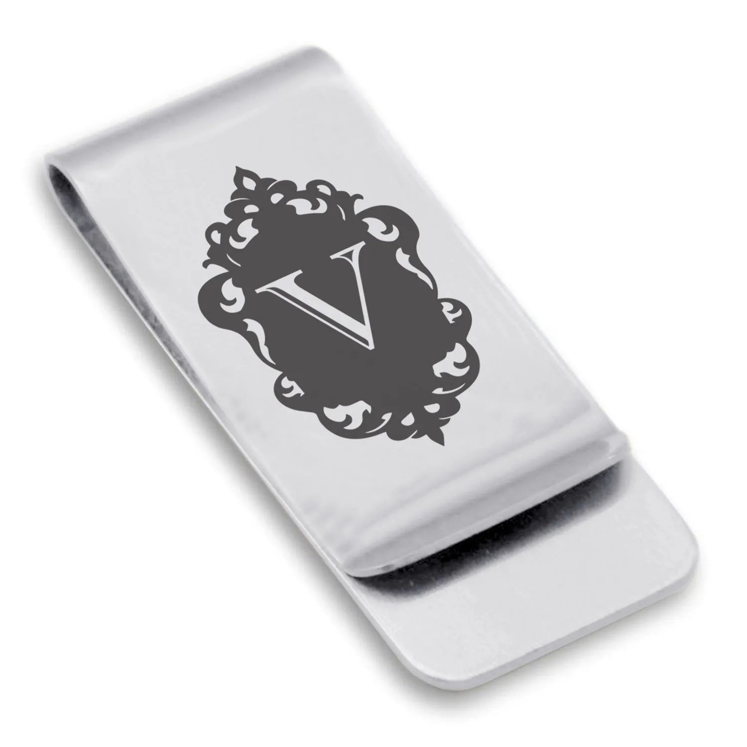 Stainless Steel Royal Crest Alphabet Letter V initial Classic Slim Money Clip