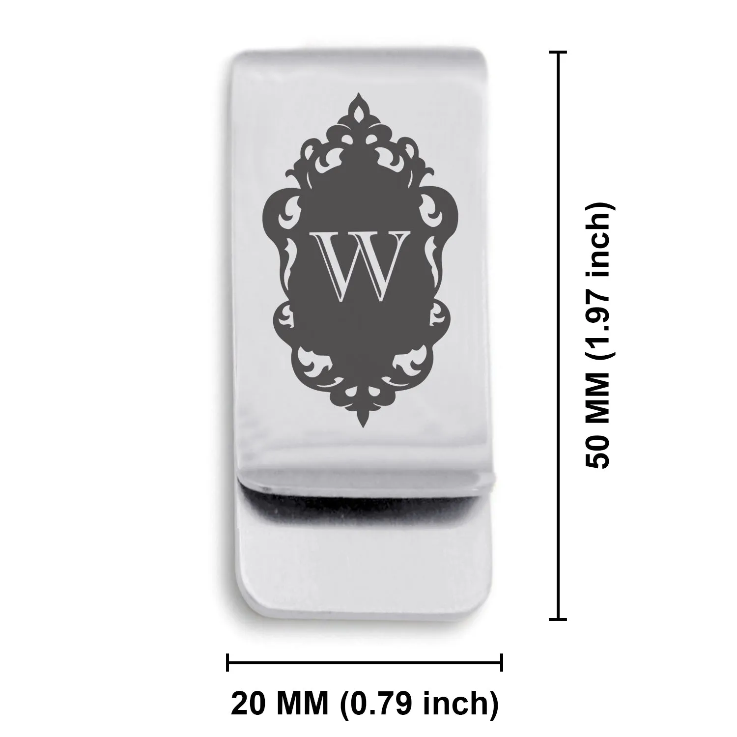 Stainless Steel Royal Crest Alphabet Letter W initial Classic Slim Money Clip