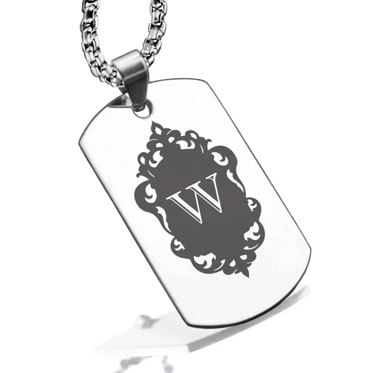 Stainless Steel Royal Crest Alphabet Letter W initial Dog Tag Pendant