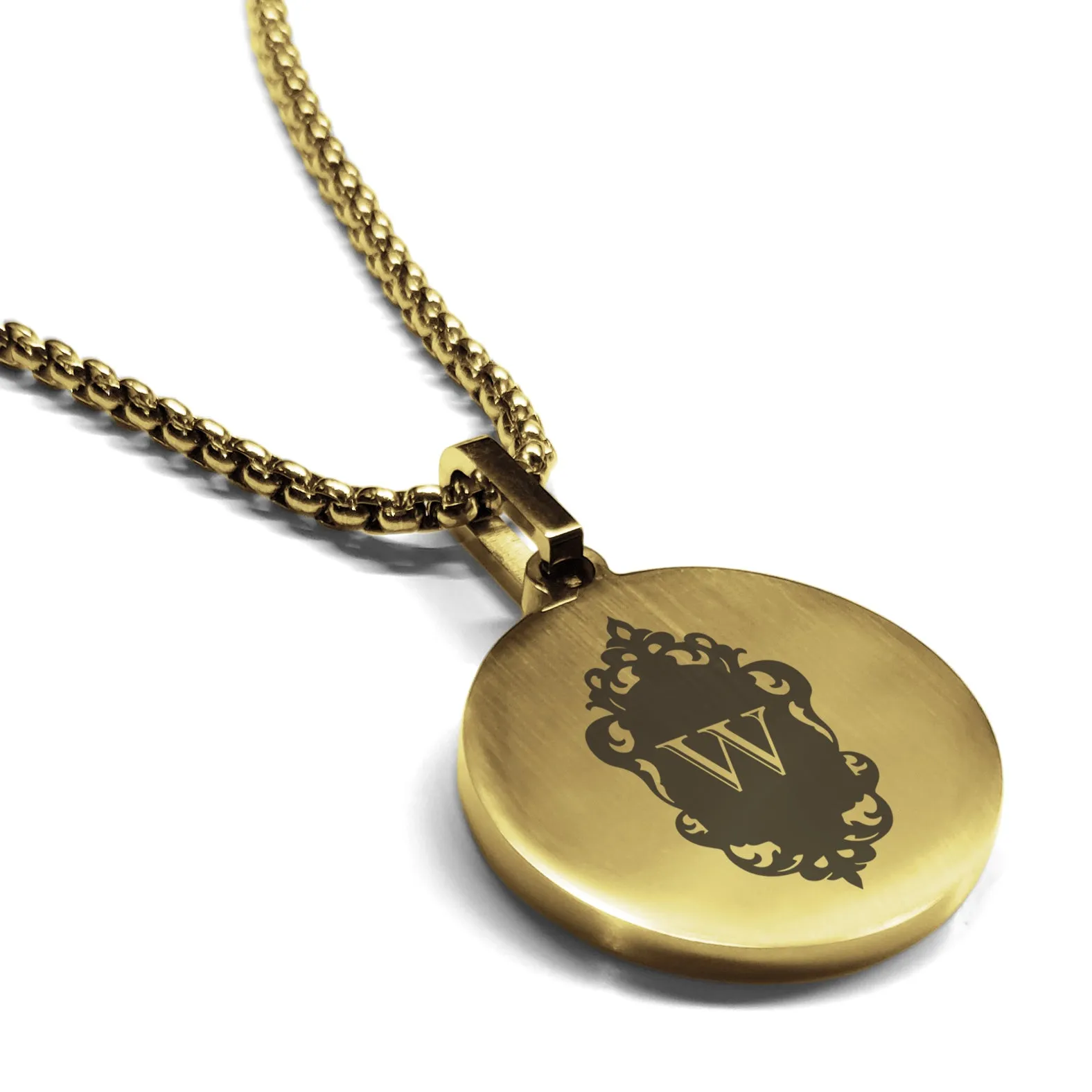 Stainless Steel Royal Crest Alphabet Letter W initial Round Medallion Pendant
