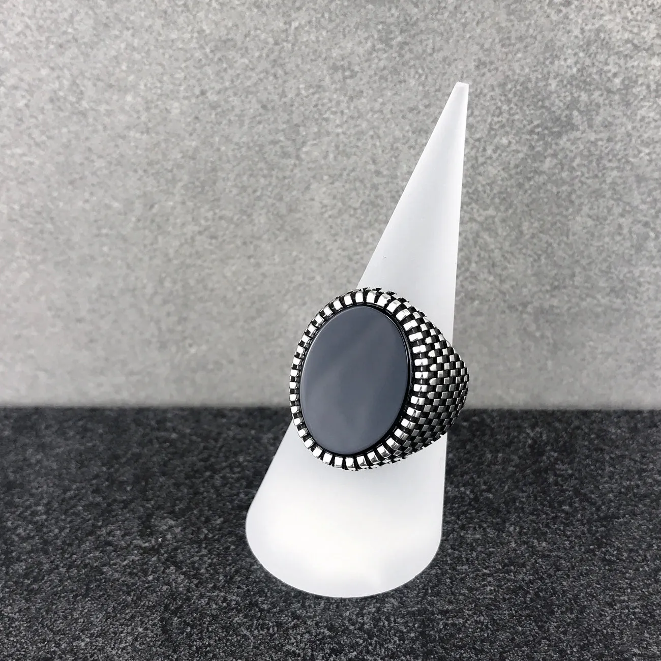 Sterling Silver Ring with Large Oval-shaped Black Onyx Gemstone