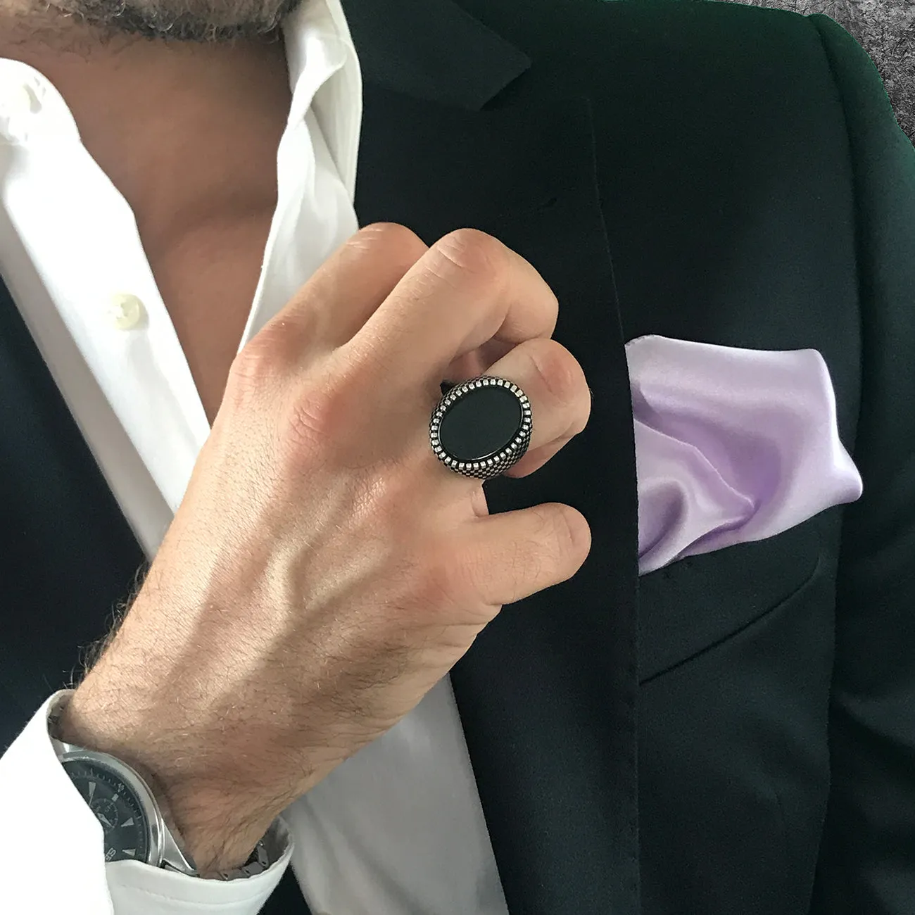 Sterling Silver Ring with Large Oval-shaped Black Onyx Gemstone